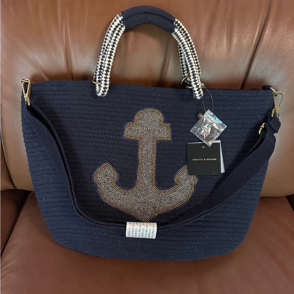 America & Beyond brand Anchor embellished jute tote crossbody navy gold NWT